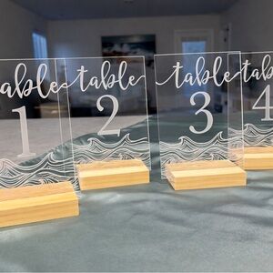 Acrylic Wedding Table Numbers 1–10 with Wood Base | Modern Coastal Wave Design